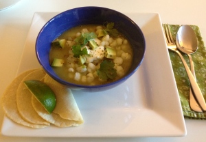Pozole with Pumpkin Seed-Tomatillo Mole and Garnishes